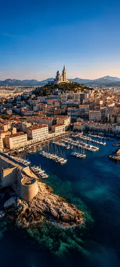 Luftaufnahme von Marseille mit Notre-Dame de la Garde, altem Hafen, Segelbooten und blauem Mittelmeer als vertikales Wallpaper