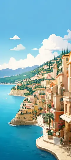 mediterrane küstenstadt mit blauem meer und italienischer architektur als iphone hintergrundbilder und sommer wallpaper in 4k.