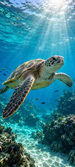 Meeresschildkröte unter Wasser über einem Korallenriff mit tropischen Fischen und Sonnenstrahlen als Tiere Hintergrundbild