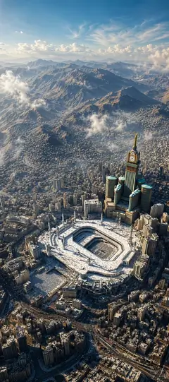 Mekka in Saudi-Arabien mit al-Harām-Moschee Kaaba Clock Tower Stadtblick und Bergen als beeindruckendes Handy Hintergrundbild