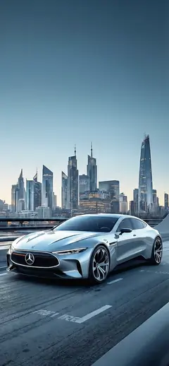 Mercedes Wallpaper silber vor moderner Stadt-Skyline mit Wolkenkratzern zur blauen Stunde Hintergrundbild