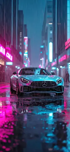 Mercedes-AMG GT Frontansicht Sportwagen im Regen bei Nacht mit blauen und pinken Neonlichtern Hintergrundbild