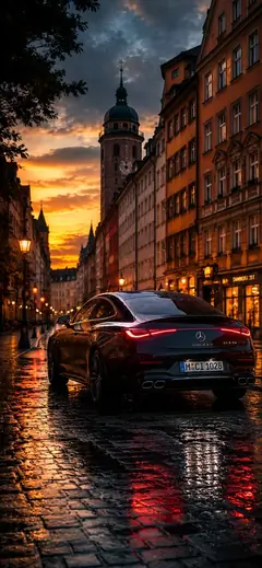 schwarzer mercedes amg gt 63s in regennasser altstadt als mercedes wallpaper und auto hintergrundbilder in 4k.