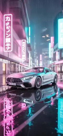 Mercedes-AMG GT silber Sportwagen Nacht Neonlichter Regen Spiegelung Hintergrundbild für Handy