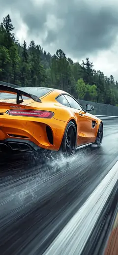 Mercedes-AMG GT Solarbeam orange Sportwagen Heckansicht Drift auf nasser Rennstrecke mit Waldhintergrund und Regenschauer