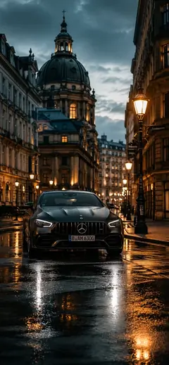 schwarzer mercedes amg in regennasser nachtstadt als mercedes wallpaper und auto hintergrundbilder in 4k.