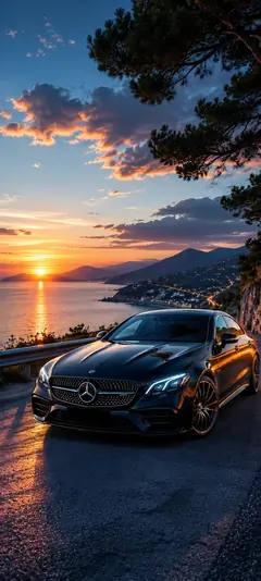schwarzer mercedes an einer küstenstraße bei sonnenuntergang als mercedes hintergrundbilder und schöne hintergrundbilder in 4k.
