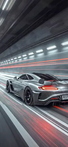 Mercedes-AMG GT Silber Heckansicht mit großem Heckflügel im Tunnel bei hoher Geschwindigkeit mit roten Lichtspuren Hintergrundbild
