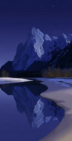 Minimalistische Vektor-Illustration eines massiven Berges bei Nacht, der sich in einem ruhigen Gewässer spiegelt, unter einem Sternenhimmel, 4K.