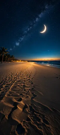mondsichel über einem ruhigen sandstrand mit milchstraße und sternenhimmel als mond hintergrundbilder und kostenlose handy hintergrundbilder 4k für iphone und samsung.