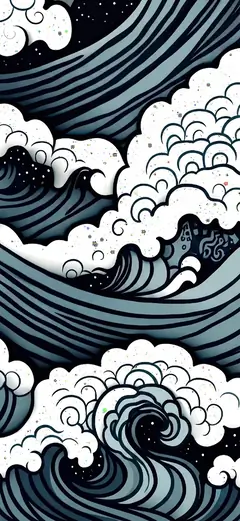 Vertikales Handy-Hintergrundbild im japanischen Ukiyo-e-Stil: Stilisierte, monochrome Wellen und weiße Wolken unter einem dunklen, sternenklaren Nachthimmel.