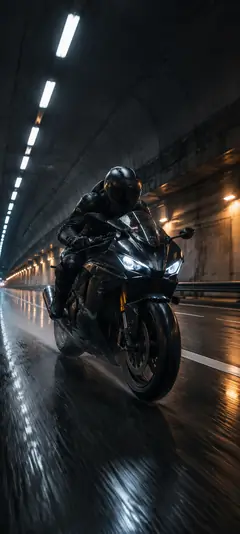 Schwarzes Sportmotorrad bei schneller Fahrt durch einen nächtlichen Tunnel – dynamisches Wallpaper aus der Sammlung moderner Motorrad-Hintergrundbilder.