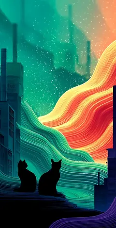 Silhouetten von zwei Katzen vor einer futuristischen Stadt mit leuchtenden farbigen Wellen am Nachthimmel