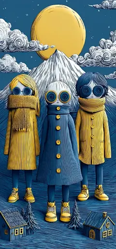 Ästhetisches Cartoon Handy Hintergrundbild mit drei mystischen Winterfiguren vor Bergen und großem Mond.