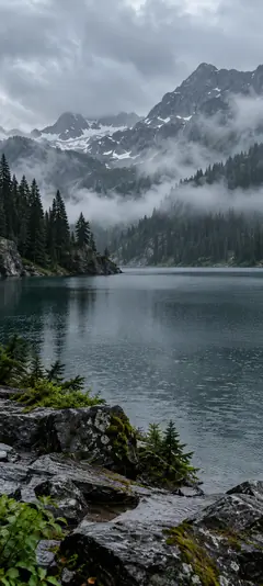 Mystischer Bergsee mit hohen Bergen, dichtem Nebel, Nadelwald und regnerischem Himmel als Natur Hintergrundbild