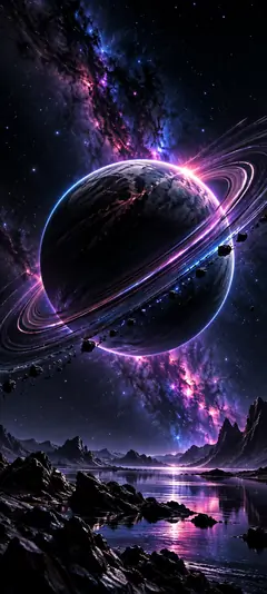 iPhone 18 Hintergrundbild mit gigantischem Ringplaneten, leuchtenden violetten Planetenringen, mystischer Galaxie, funkelnden Sternen und felsiger Alien-Landschaft.