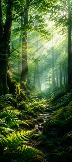 Grüner Wald mit Sonnenstrahlen und moosigem Naturpfad als 4K Handy Hintergrundbild