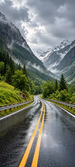 Regennasse Bergstraße mit gelben Fahrbahnmarkierungen zwischen grünen Wäldern, hohen Bergen und nebligen Gipfeln als Natur Hintergrundbild