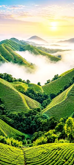 Grüne Berge mit Nebel und Sonnenaufgang in epischer natur hintergrundbilder Landschaftsstimmung in 4K.