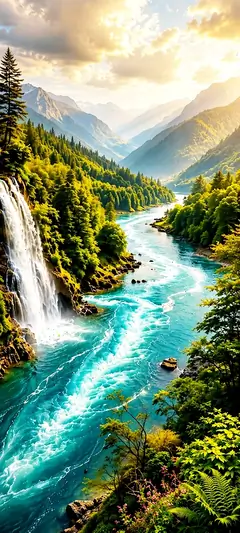 Türkisfarbener Fluss mit Wasserfall zwischen grünen Bergen in epischer natur hintergrundbilder Landschaft in 4K.