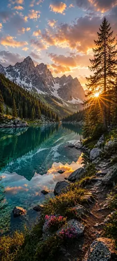 natur hintergrundbild mit bergsee, Alpen, Sonnenuntergang und spiegelndem Wasser in 4K Qualität für Handy und Smartphone.