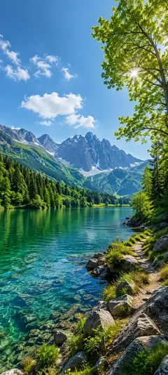 Natur Hintergrundbild mit klarem Bergsee, grünen Wäldern und hohen Bergen in 4K Qualität für Smartphones.