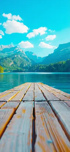 Ein rustikaler Holzsteg führt in einen ruhigen, kristallklaren blauen See, umgeben von grünen Bergen unter einem strahlend blauen Himmel als Samsung Wallpaper.