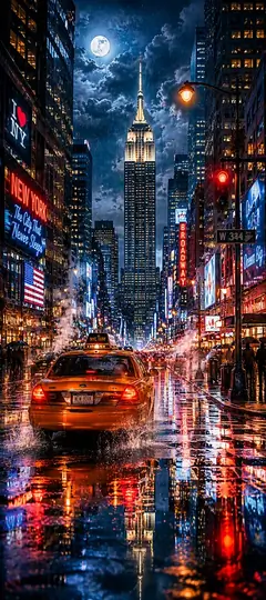 New York Wallpapers 4K mit Empire State Building, gelbem Taxi und spiegelnden Straßen bei Nacht in Manhattan