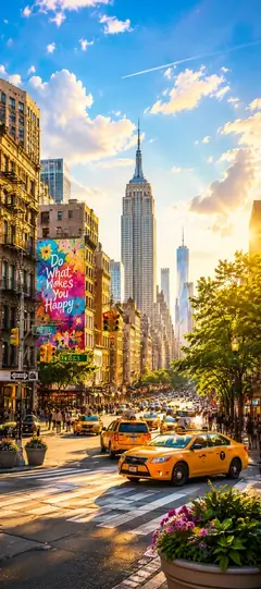 New York Wallpapers 4K mit Empire State Building, gelben Taxis und sonniger Straße in Manhattan