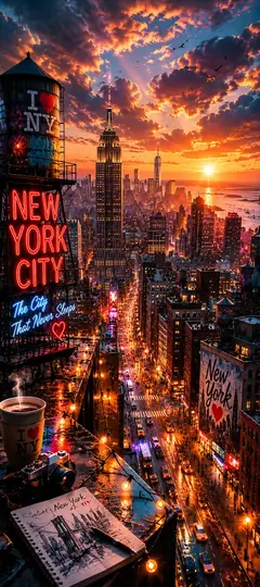 New York Wallpapers 4K mit Empire State Building, Manhattan Skyline und spektakulärem Sonnenuntergang über New York City