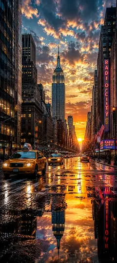 New York Wallpapers 4K mit Empire State Building, Radio City und Spiegelung auf regennasser Straße in Manhattan