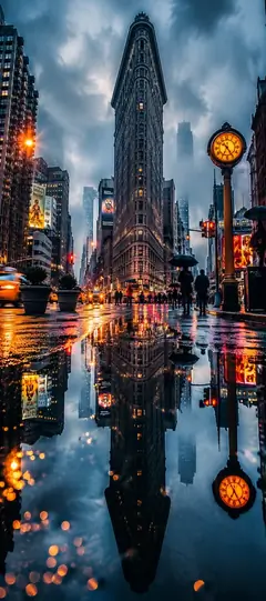New York Wallpapers 4K mit Flatiron Building, Spiegelung auf regennasser Straße und Lichtern in Manhattan