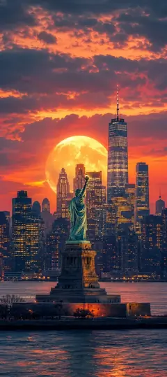 New York Wallpapers 4K mit Freiheitsstatue, Vollmond und Manhattan Skyline bei Sonnenuntergang