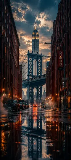 New York Wallpapers 4K mit Manhattan Bridge, Empire State Building und Spiegelung auf regennasser Straße in DUMBO Brooklyn