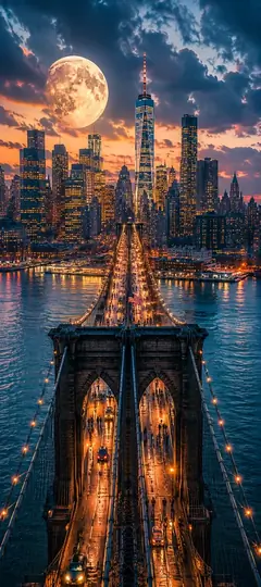 New York Wallpapers 4K mit Brooklyn Bridge, Vollmond und Manhattan Skyline bei Nacht