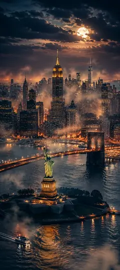 New York Wallpapers 4K mit Freiheitsstatue, Brooklyn Bridge, Empire State Building und Vollmond über Manhattan