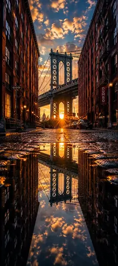 New York Wallpapers 4K mit Manhattan Bridge und goldener Spiegelung auf regennasser Straße in DUMBO Brooklyn