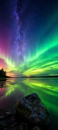 leuchtende nordlichter über einem ruhigen see mit milchstraße als schöne hintergrundbilder und nordlichter hintergrundbilder in 4k.