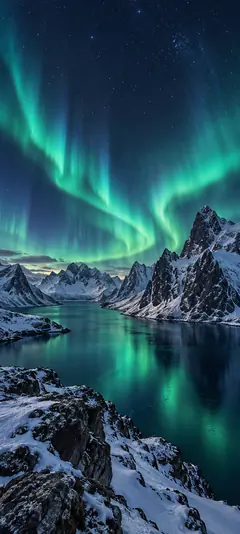 Grüne Polarlichter am Sternenhimmel über verschneiten Bergen mit Spiegelung im dunklen Wasser und schneebedeckten Felsen im Vordergrund.