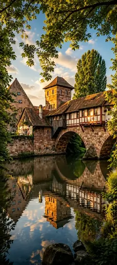 Historischer Henkersteg mit Weinstadel und Wasserturm an der Pegnitz in der Nürnberger Altstadt als Handy Hintergrundbild