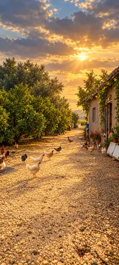 Ländlicher Orangenhain in Mersin mit Hühnern, Bauernhaus und goldenem Sonnenuntergang als Natur Hintergrundbild