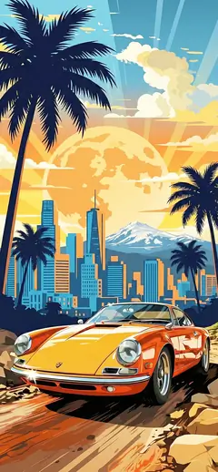 Illustriertes Handy Hintergrundbild eines orangen klassischen Porsches auf einer staubigen Straße vor einer Retro-Skyline mit Palmen und großem Sonnenuntergang.