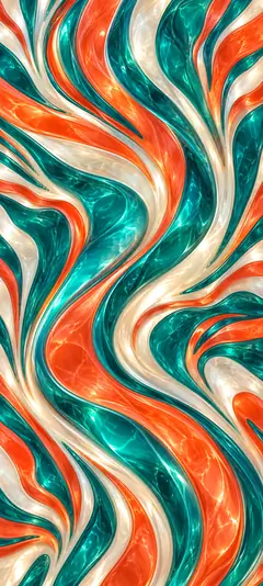 Abstraktes iPhone-Hintergrundbild mit geschwungenen Streifen in Orange, Türkis und Perlweiß sowie glänzenden, glasartigen Lichtreflexen.