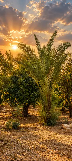 Palme zwischen Orangenbäumen in einem ländlichen Garten bei goldenem Sonnenuntergang als Natur Hintergrundbild