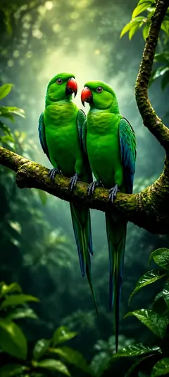 Zwei grüne Papageien auf Ast im tropischen Regenwald mit exotischer natur hintergrundbilder Atmosphäre in 4K.
