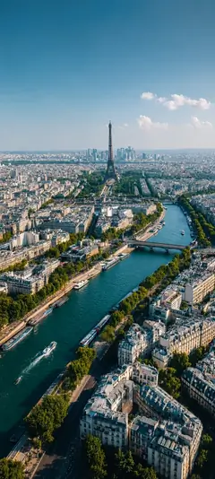 Luftaufnahme von Paris mit Eiffelturm, Seine und Stadtpanorama bei klarem Himmel als vertikales Wallpaper