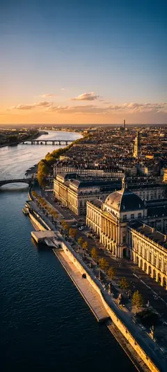 Luftaufnahme von Paris an der Seine mit Institut de France, Brücken und warmem Sonnenuntergang als vertikales Handy Wallpaper