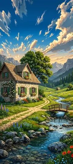 Pixel-Art Landhaus mit Bach, Bergen und blauem Himmel in idyllischer Retro Landschaft.