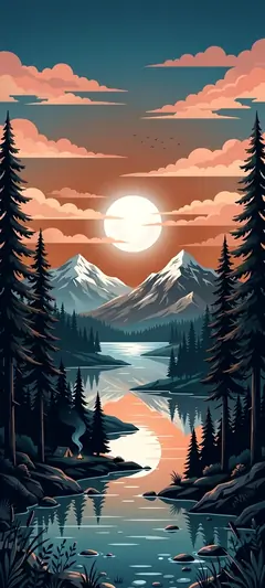 Pixel-Art Landschaft mit Bergen, Fluss, Tannenbäumen und großem Sonnenuntergang im Retro Stil.