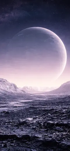 Futuristische Planetenlandschaft mit großem Mond als 4K Hintergrundbild für Handy